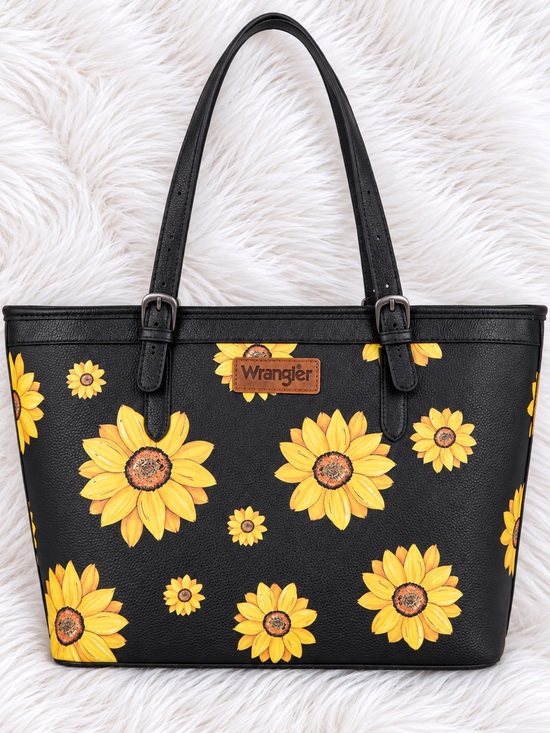 Wrangler Handbags - Wrangler Black Sunflower Print Tote Bag – Western Shoulder Bag